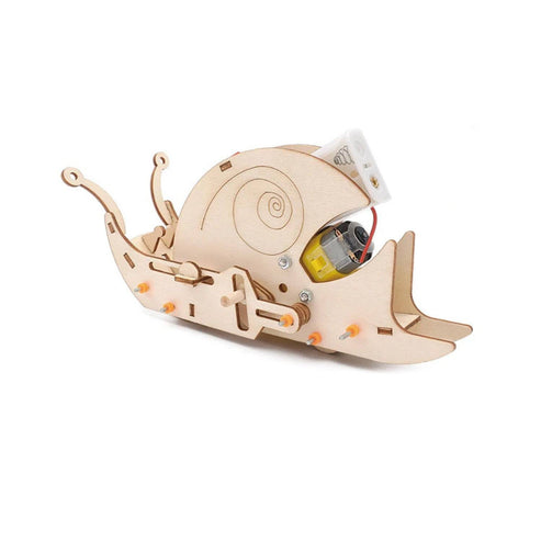 This wooden snail model flaunts a spiral shell design and visible gears, offering an engaging DIY Creeping Snail STEM Kit. Perfect as a Kids Educational Science Toy, it showcases mechanical components like wheels and a motor, making it an ideal introduction to the fascinating world of STEM toys.