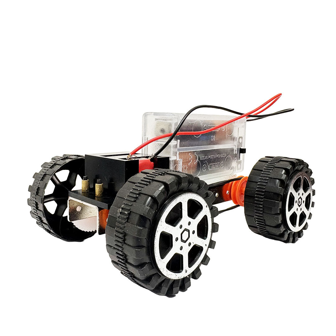 A Robotic toy car featuring wheels and a battery