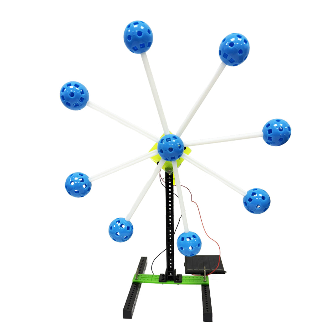 A model of a spinning wheel with blue balls in dynamic and colorful design