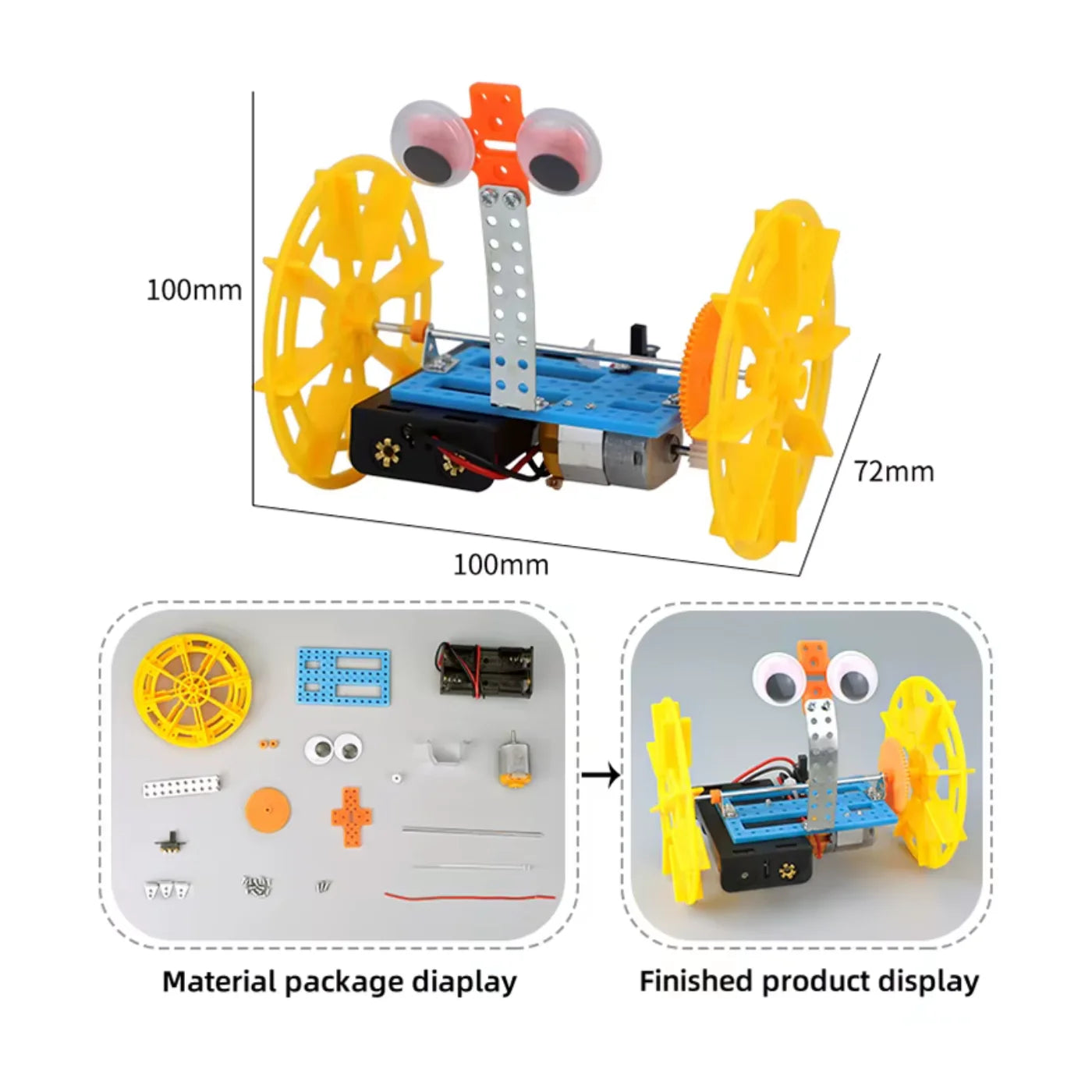 Robotics kit with components and a finished robot model, showing measurements and material package.
