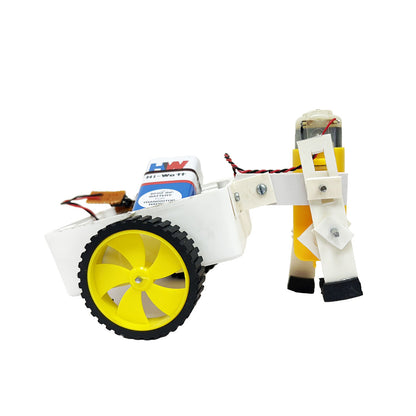 A small white robotic cart with yellow wheels and various electronic components, including wires and a motor, is displayed against a plain background. Perfect for those eager to build their own robot or dive into experimental movement.