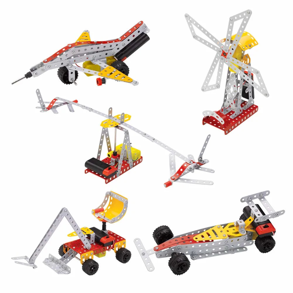 Set of building block models including a windmill, airplane, and car