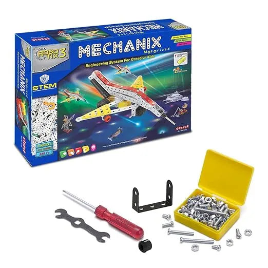 STEM toy set packaging with tools and parts